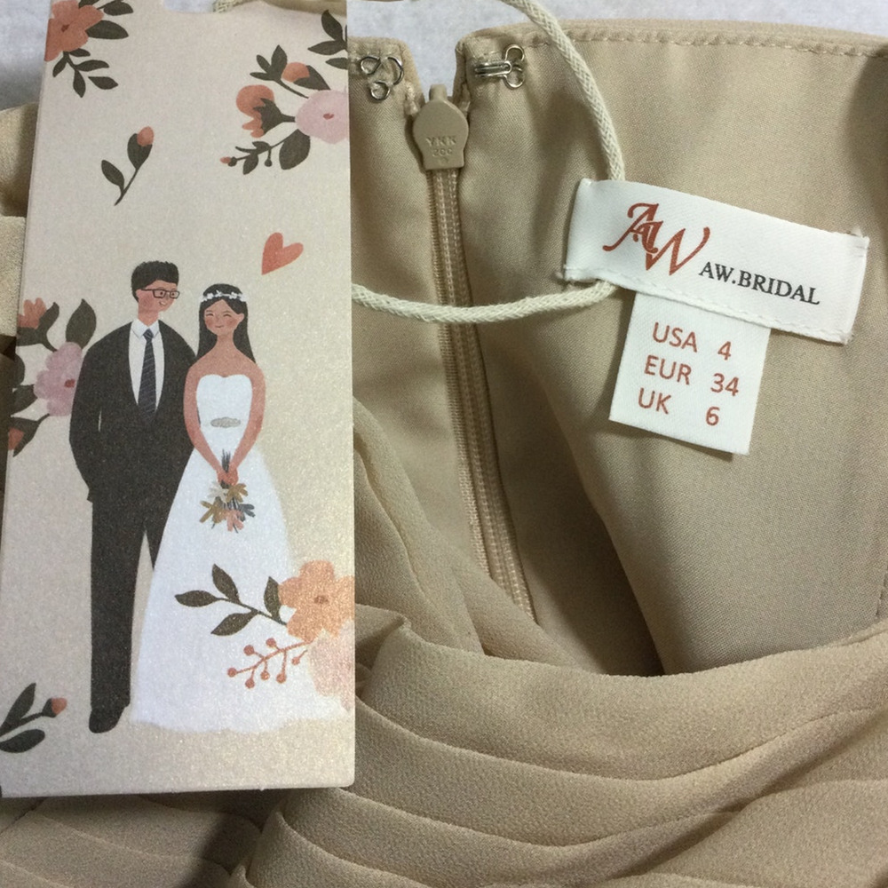 BRIDESMAID AW BRIDAL 4 S tan pleated chiffon wedding formal maxi dress NWT  B40 - Picture 6 of 7